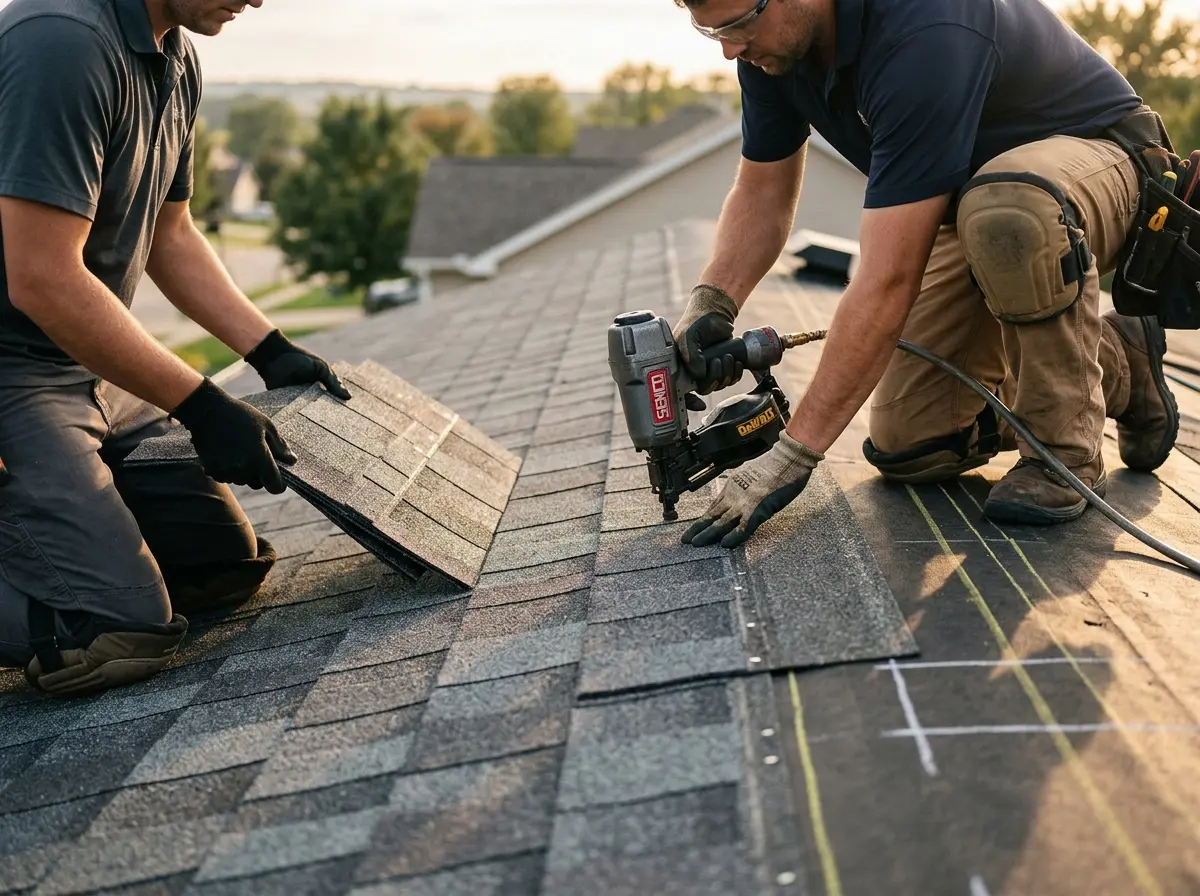 Professional roofer working on a residential roof in Steubenville
